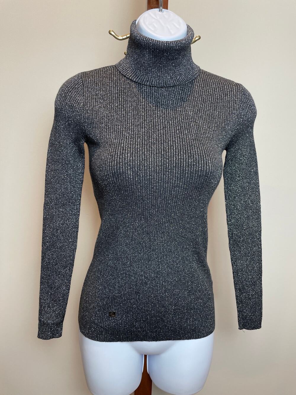 Lauren Ralph Lauren Black Ribbed Metallic Turtleneck Sweater Size XS Stretch Fit